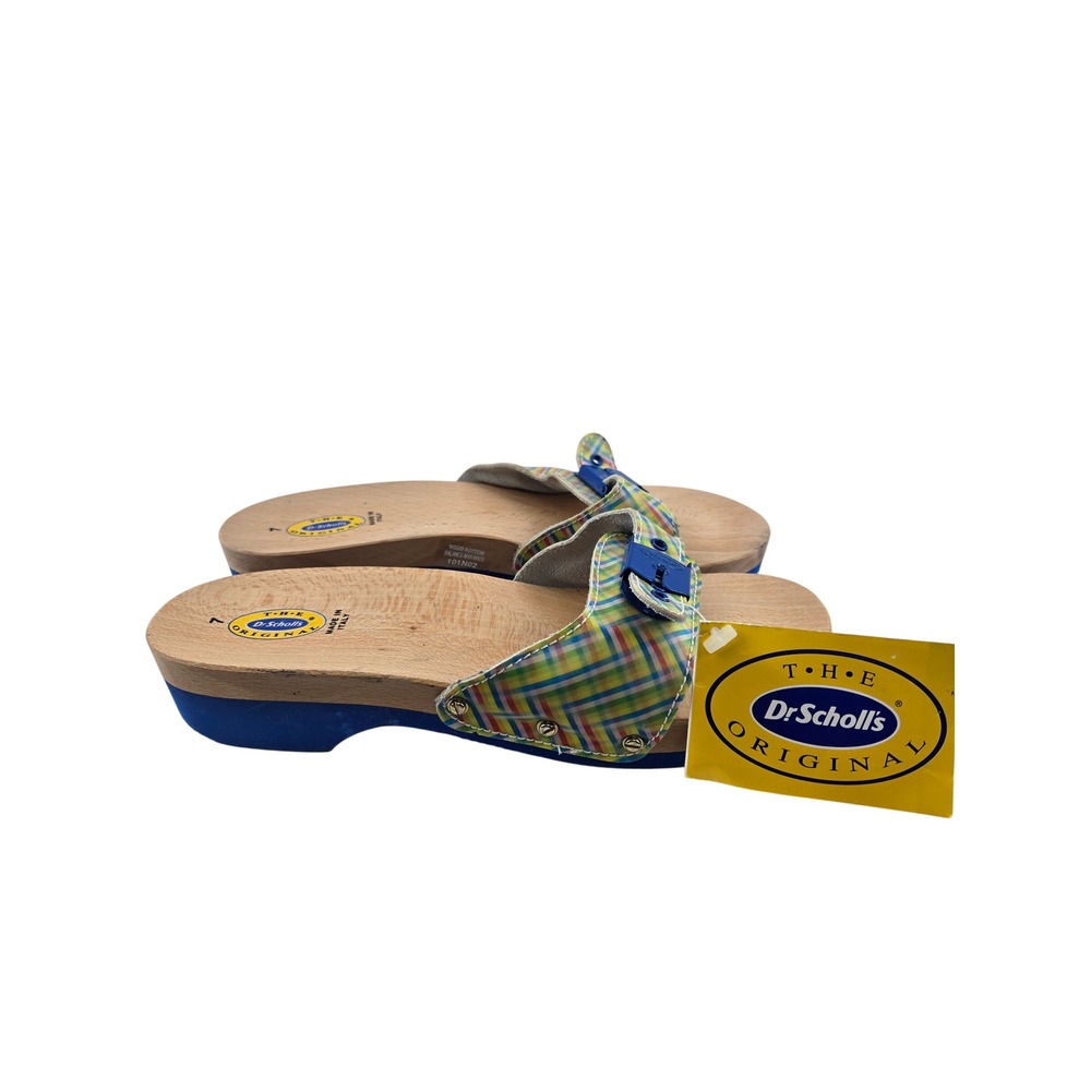 Dr Scholls J Crew Madras Plaid Wooden Exercise Sandals Blue 7 Made In Italy NEW
